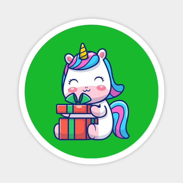 Cute Unicorn Holding Gift Cartoon Magnet by Catalyst Labs